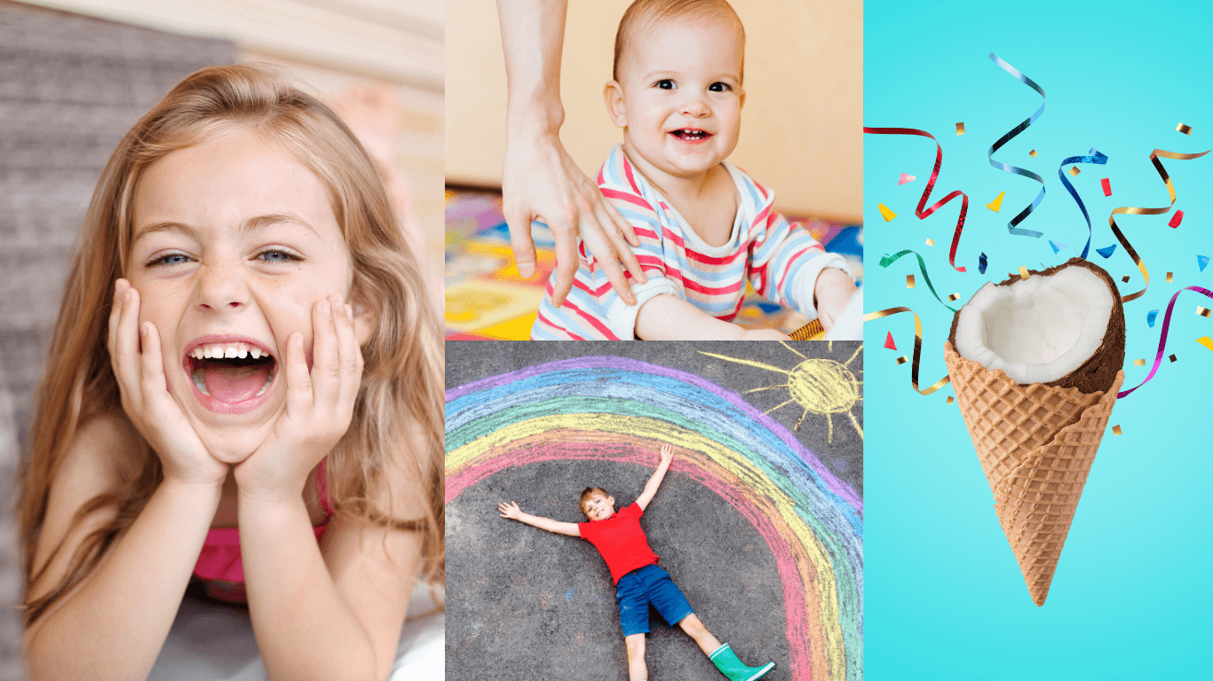Niños felices, chico con botas junto a arcoíris y sol, cono de fiesta