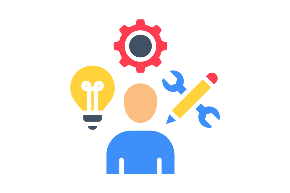 Icono persona con bombilla, ruieda dentada y herramientas