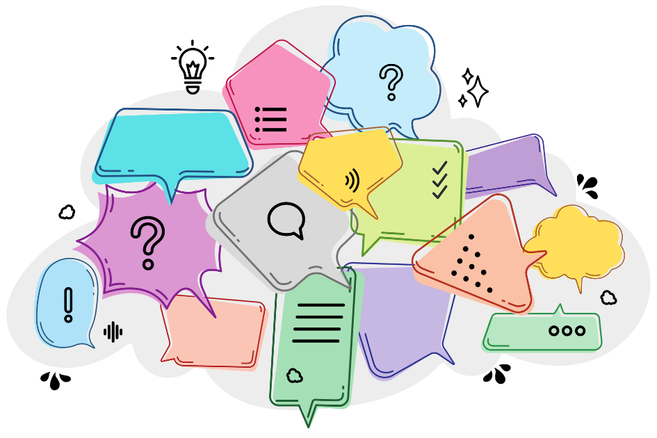 Ilustración con múltiples iconos de tareas, interrogantes..., en bocadillos de comic