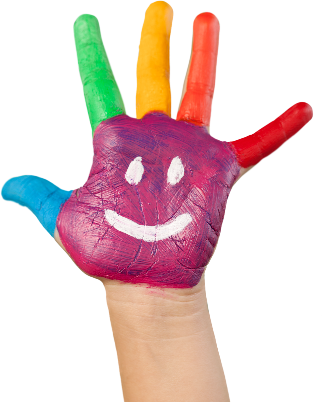 mano infantil con cara sonriente pintada multicolor
