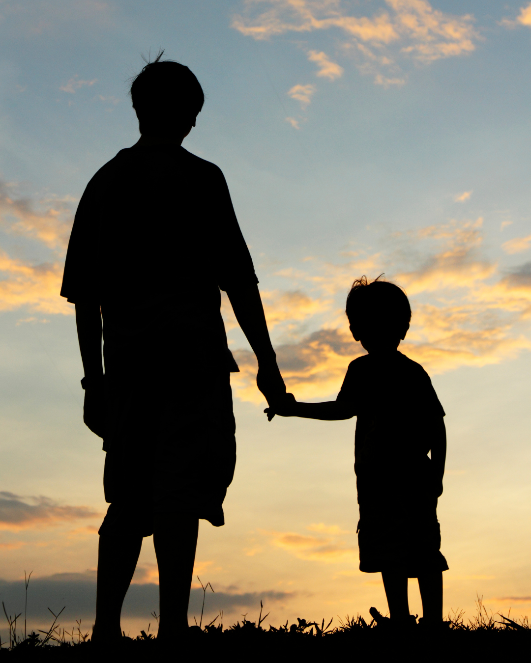 silueta de padre e hijo contemplando puesta de sol