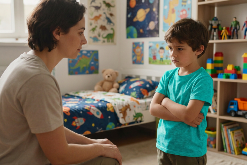 Madre serena a la altura del niño, con frustración moderada visible, en el ambiente cálido de la habitación infantil.