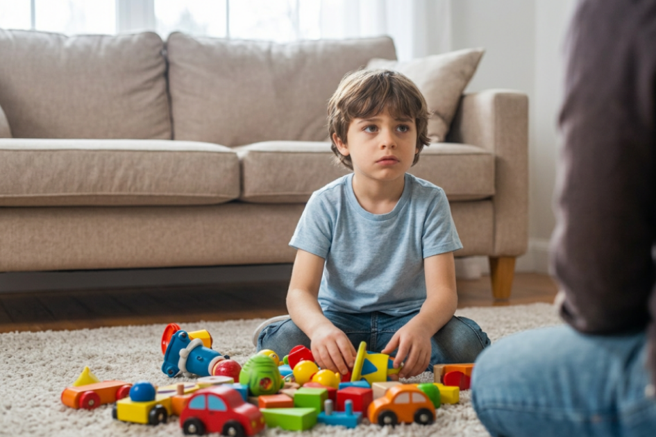 Niño recogiendo juguetes con mirada de reojo hacia el adulto fuera de plano. Transmite ambigüedad entre obediencia genuina y miedo.