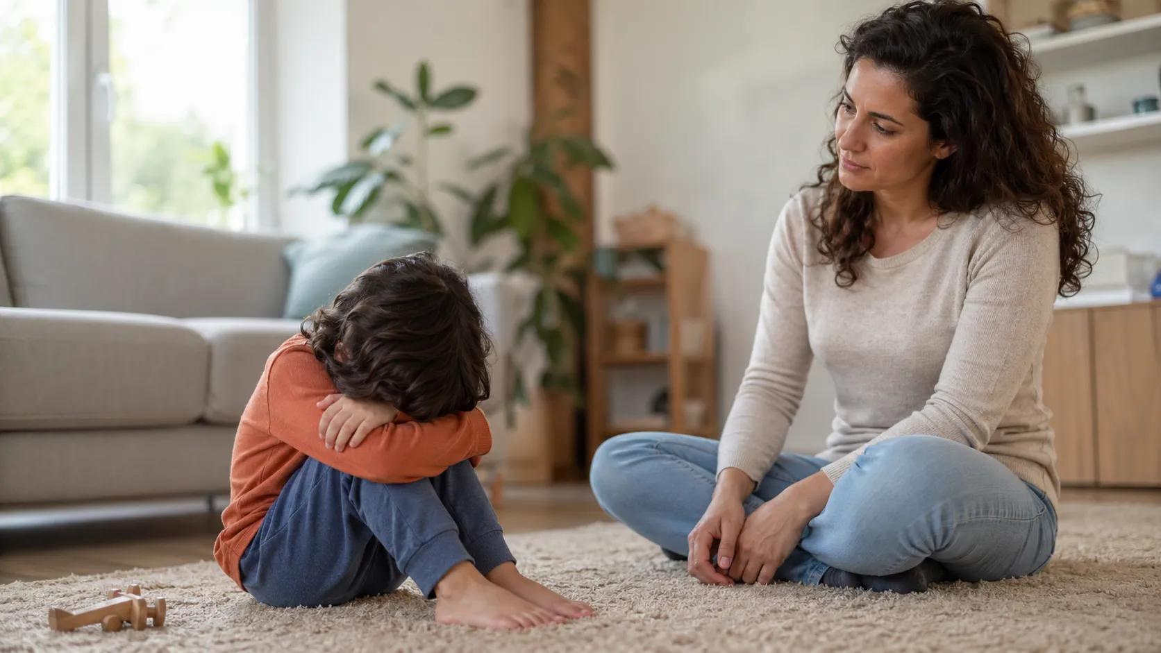 madre mirando a su hijo llorando sentados en el suelo