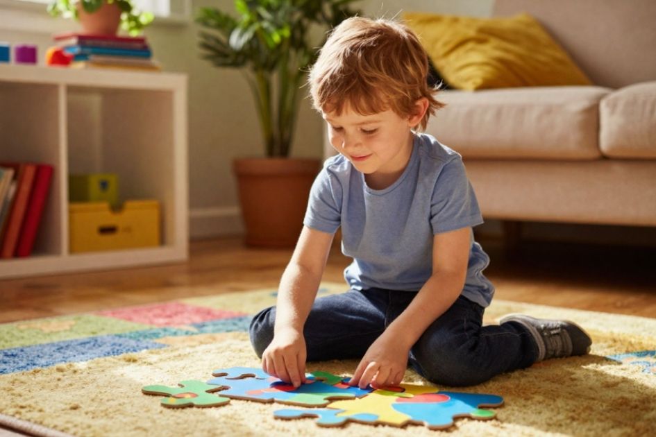 Niño satisfecho tras completar su puzle